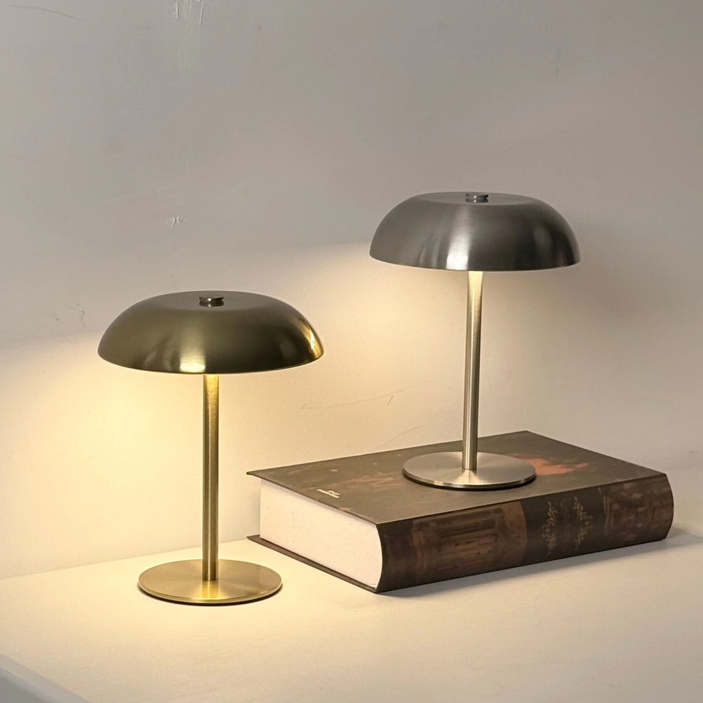 Two table lamps, one gold and one silver, on a book against a neutral background.