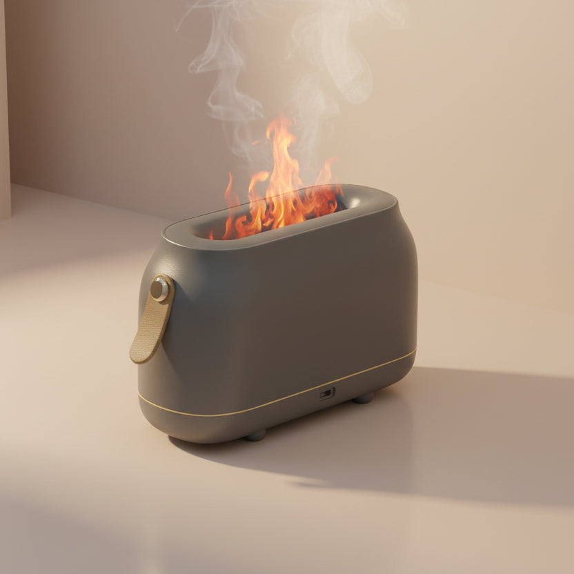 Grey simulated flame humidifier with USB power port