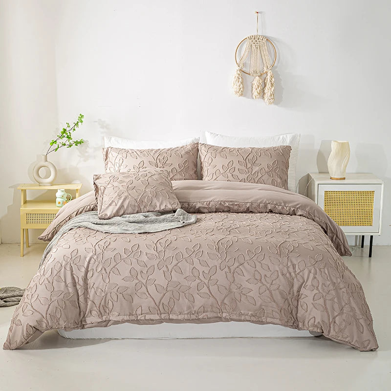 Taupe boho duvet cover with botanical jacquard detailing