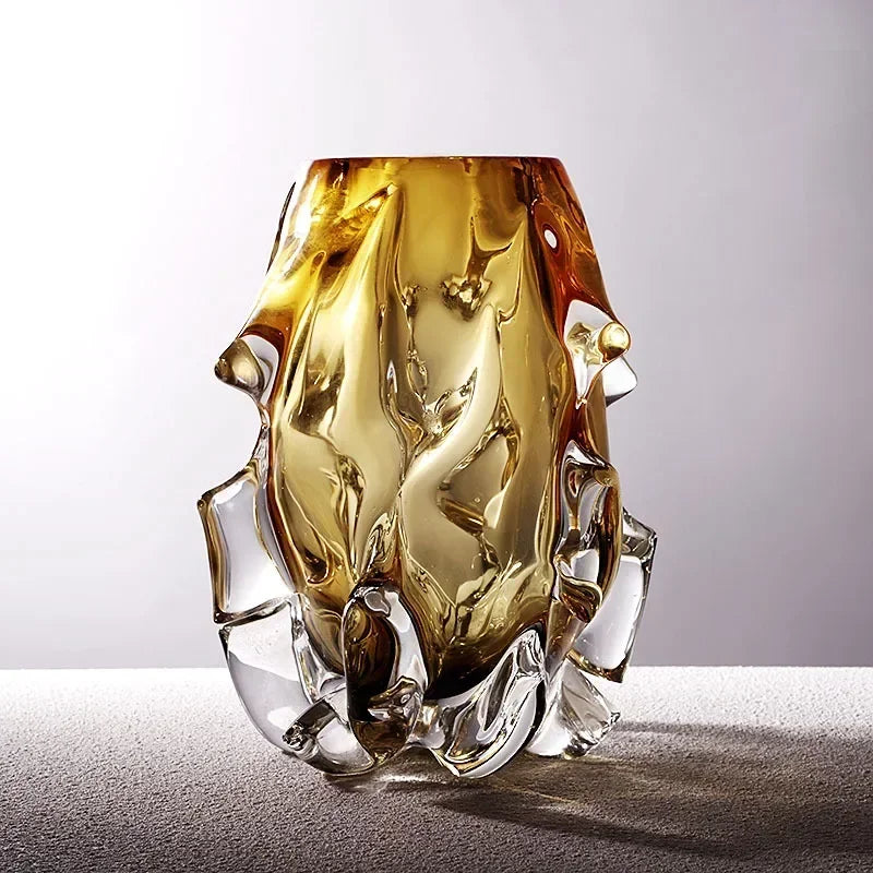 Small 21.5cm thick crystal glass vase featuring an organic molten silhouette.