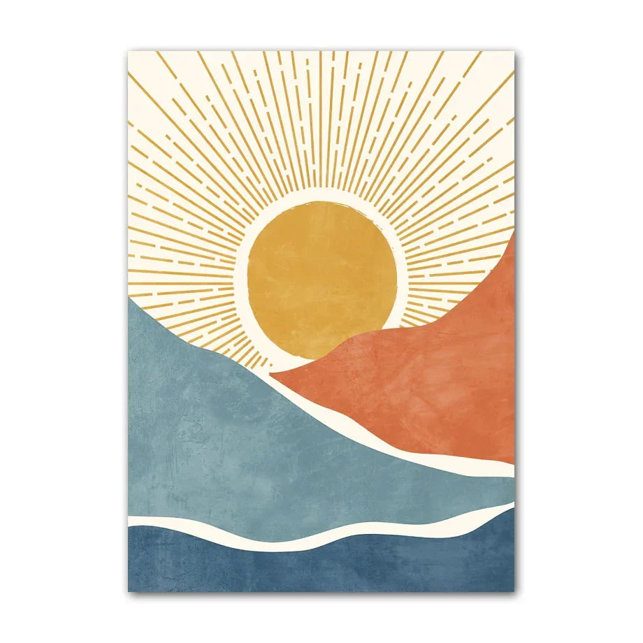 Abstract cotton canvas print with golden sun rays above blue and terracotta landscape shapes