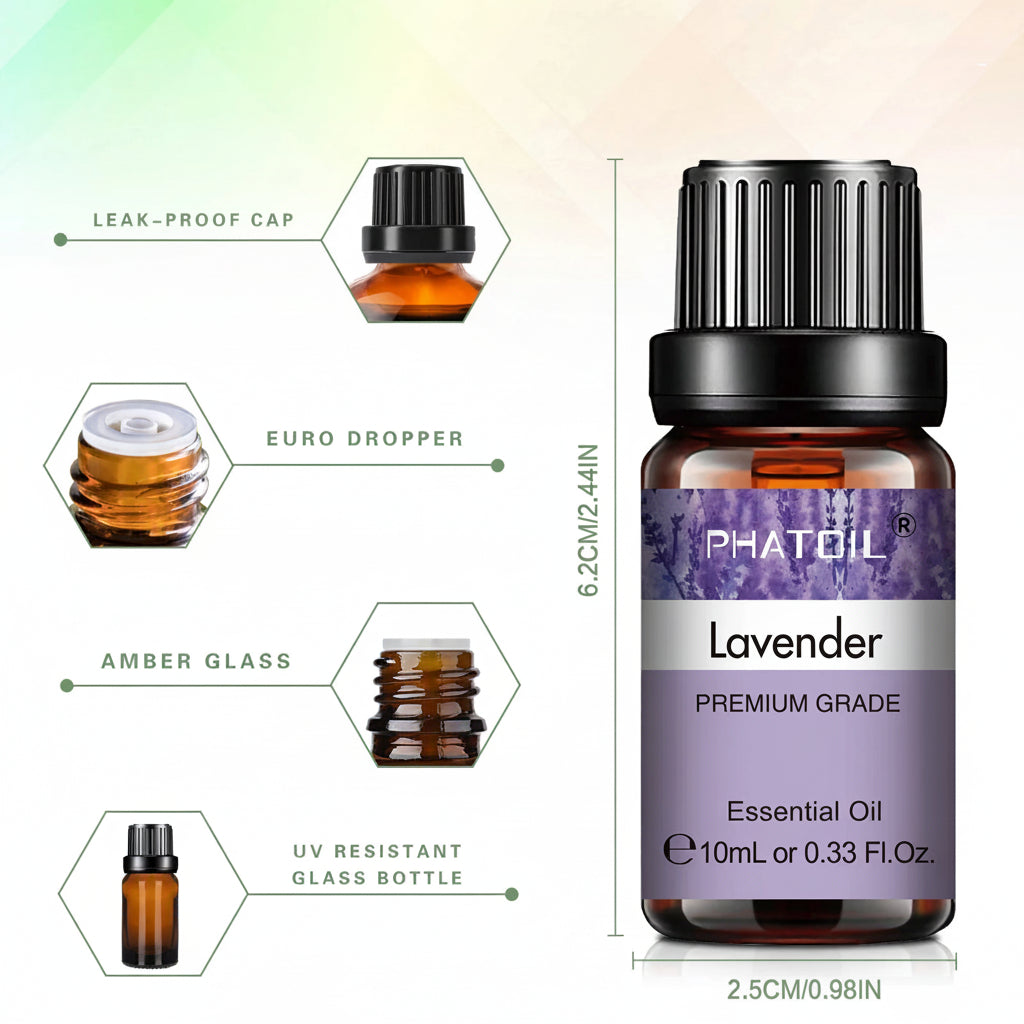 Lavender essential oil bottle with features highlighted on a gradient background