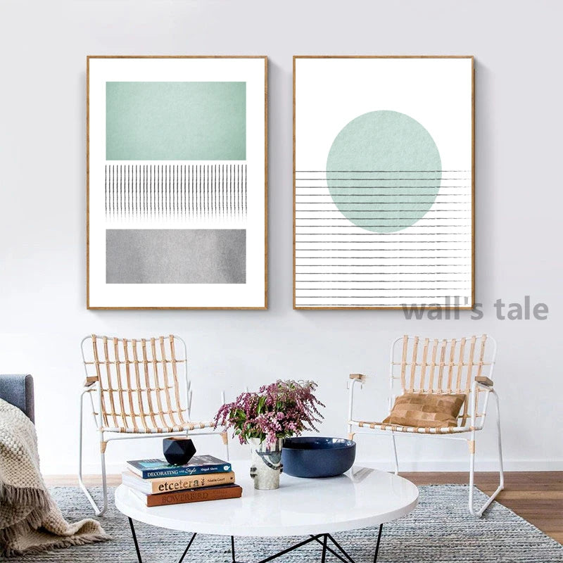 Modern living room with abstract art on the wall and a round coffee table.