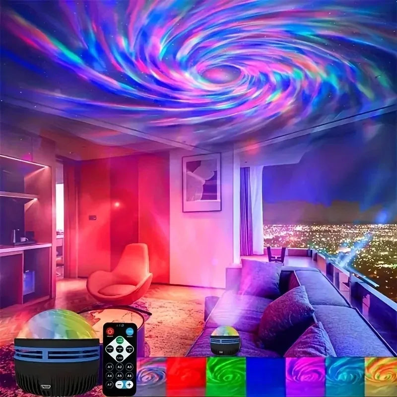 Colorful LED light projector in a living room with swirling lights on the ceiling.