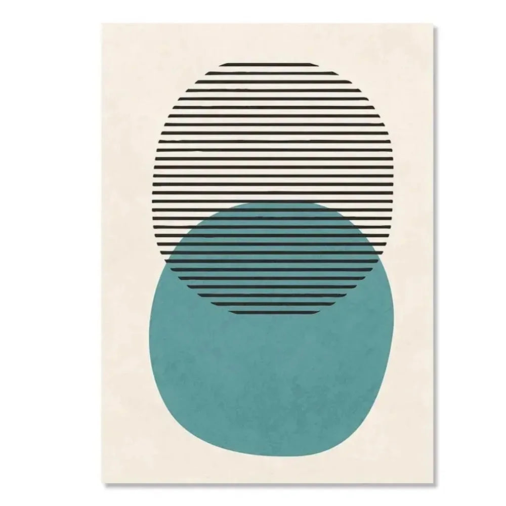 Abstract geometric canvas print with overlapping striped black oval and teal oval shapes