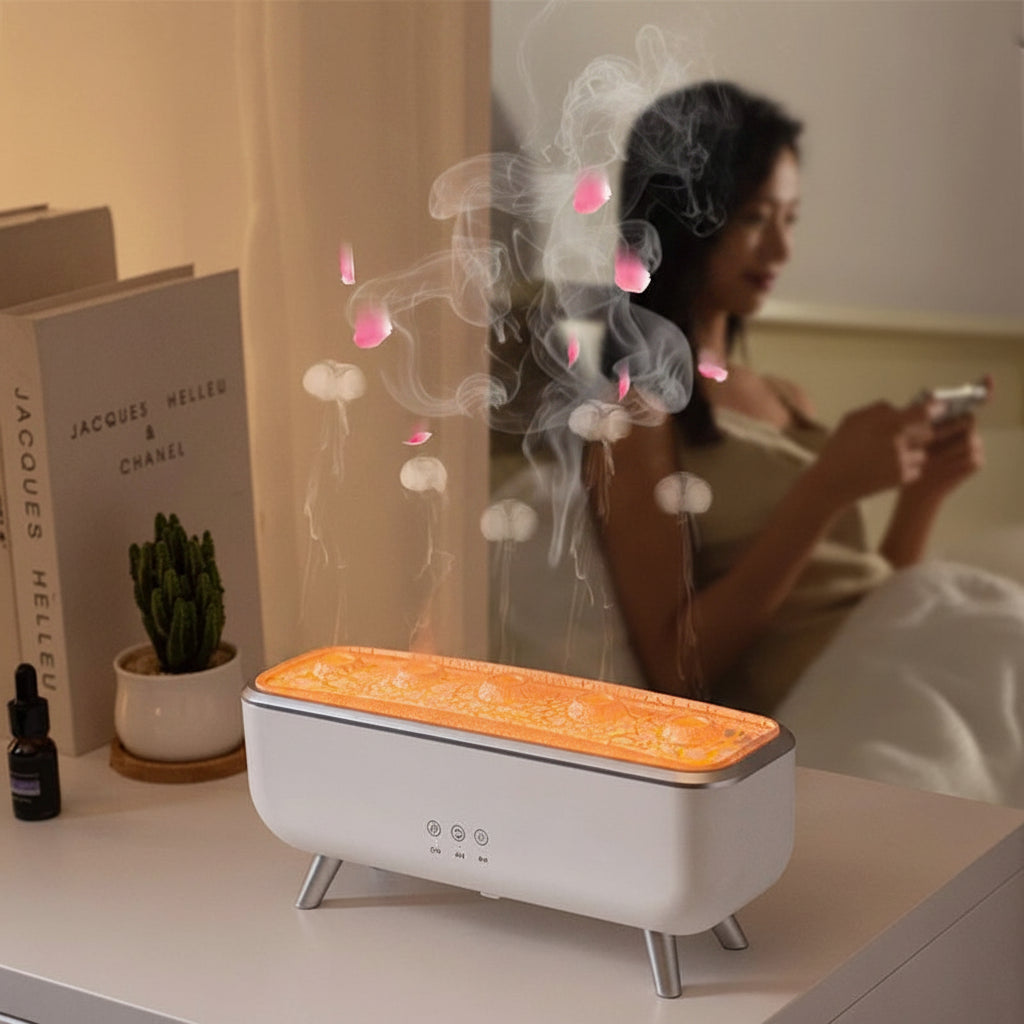 Diffuser emitting mist fragrance with a person using a phone in the background