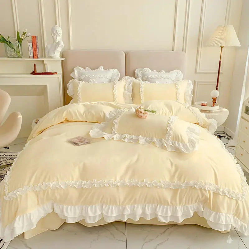 Buttercream Yellow): Buttercream yellow Korean-style bedding set with ruffled edges