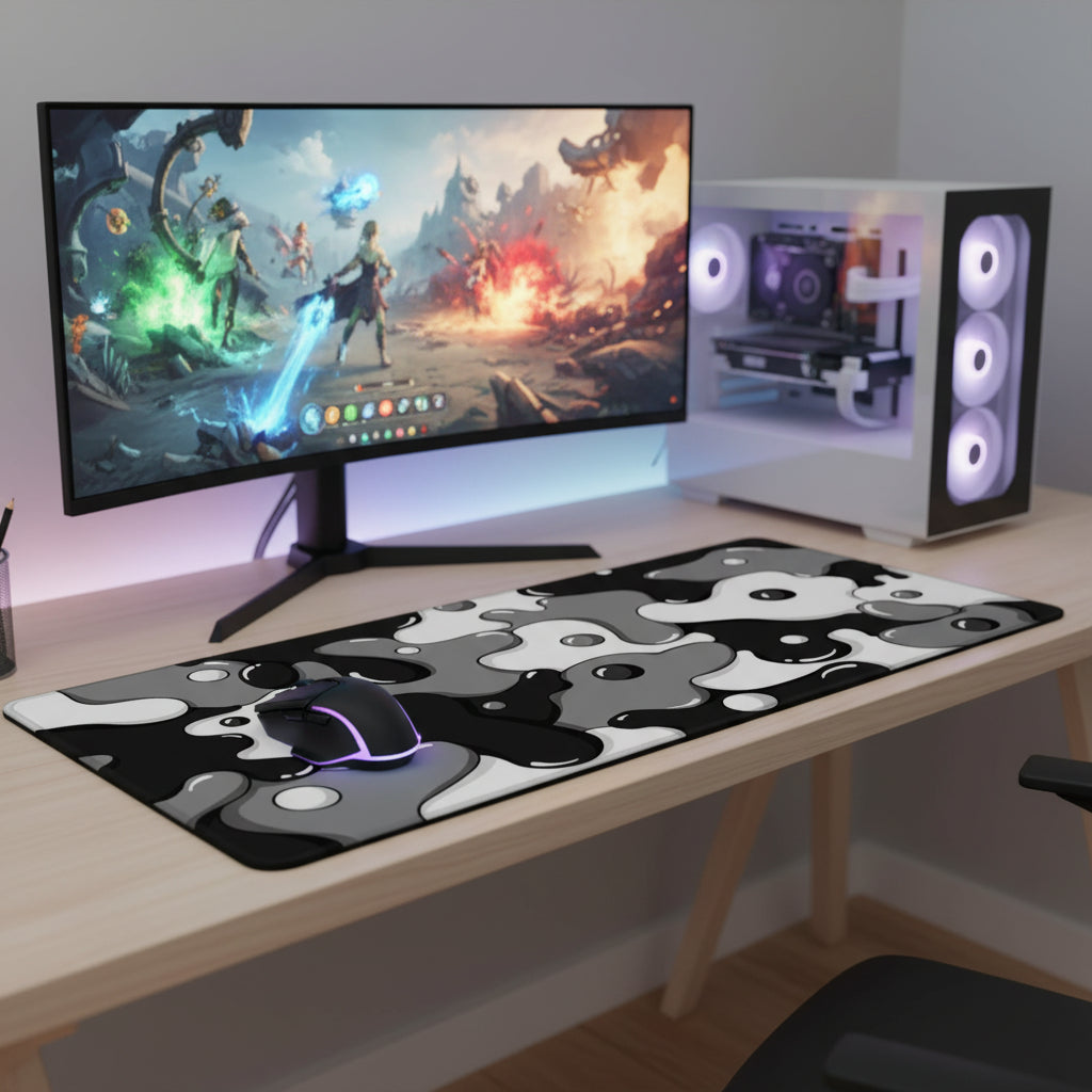 Monochrome abstract gaming mouse pad measuring 60 x 30cm.