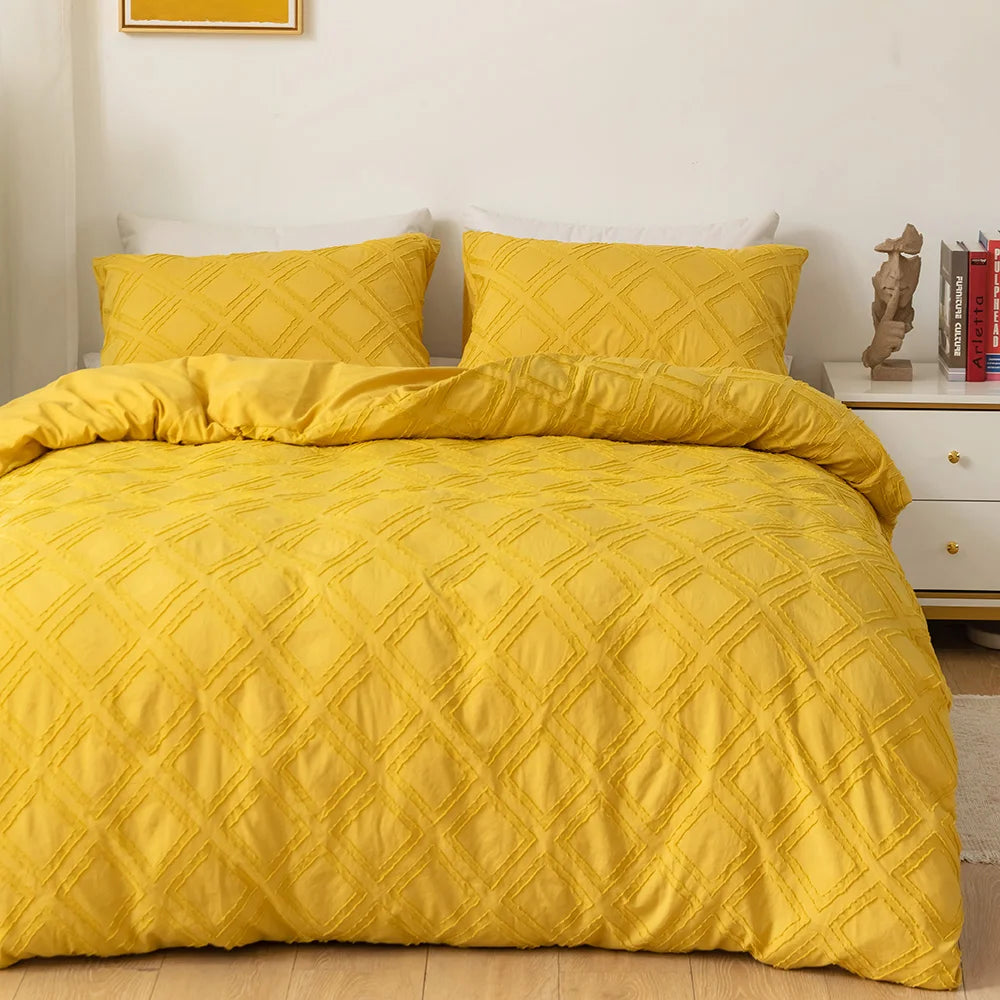 Mustard yellow textured geometric bedding set with matching pillowcases