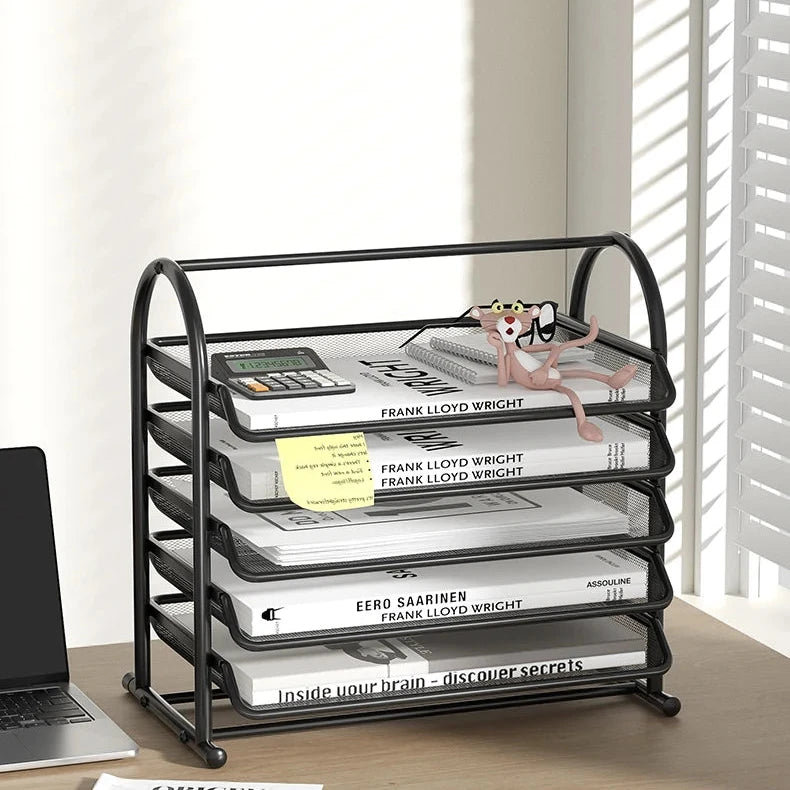 Multi-tier black metal desk organiser holding books and documents