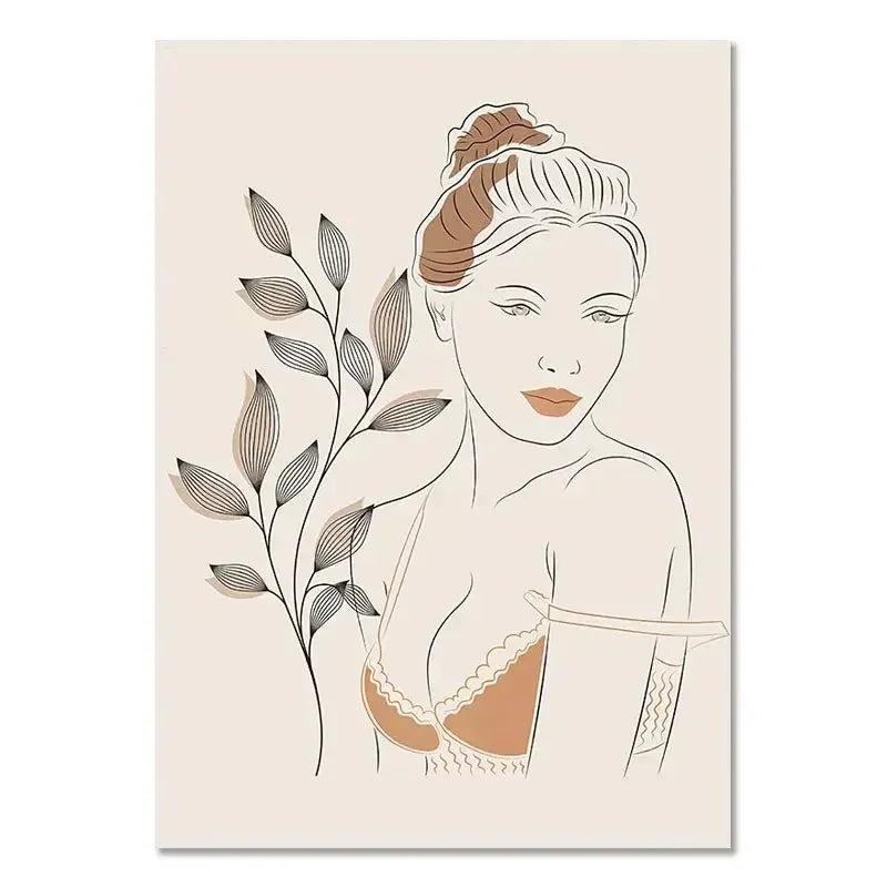 Illustration of a woman wearing a bra with leaves on a beige background