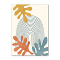 Minimal abstract canvas print with rainbow lines and organic mustard, terracotta, and blue shapes
