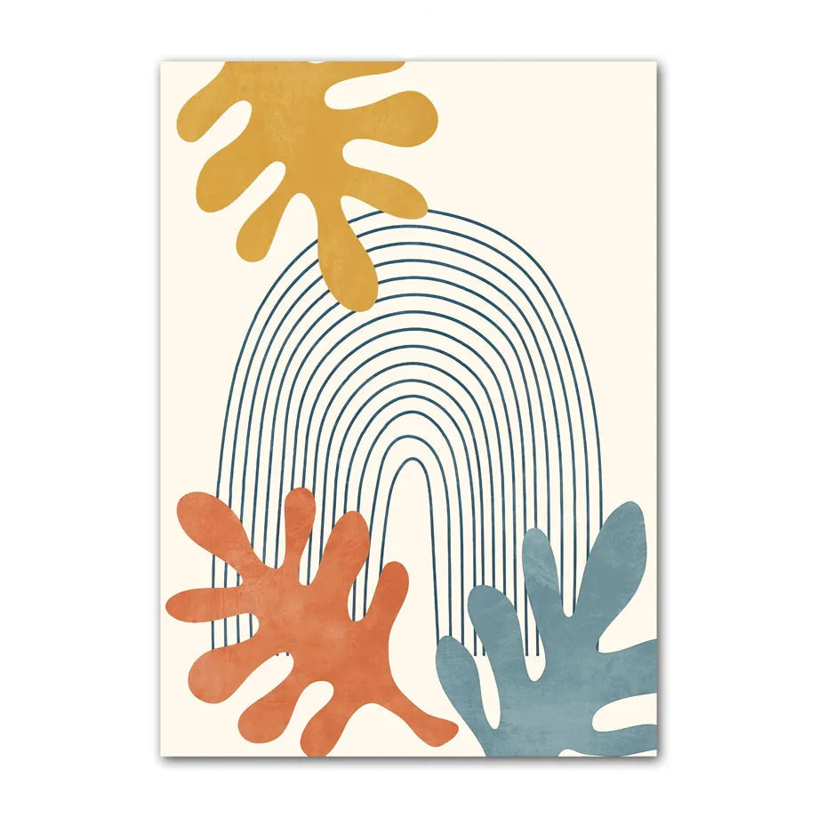 Minimal abstract canvas print with rainbow lines and organic mustard, terracotta, and blue shapes