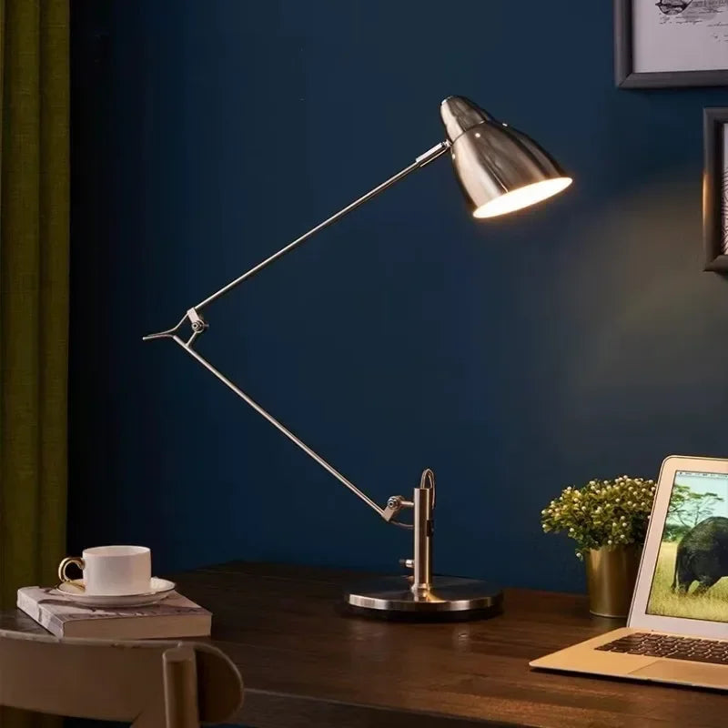 Adjustable aluminium desk lamp with long arm, brushed nickel finish, 80cm height, 70cm reach, 19cm base