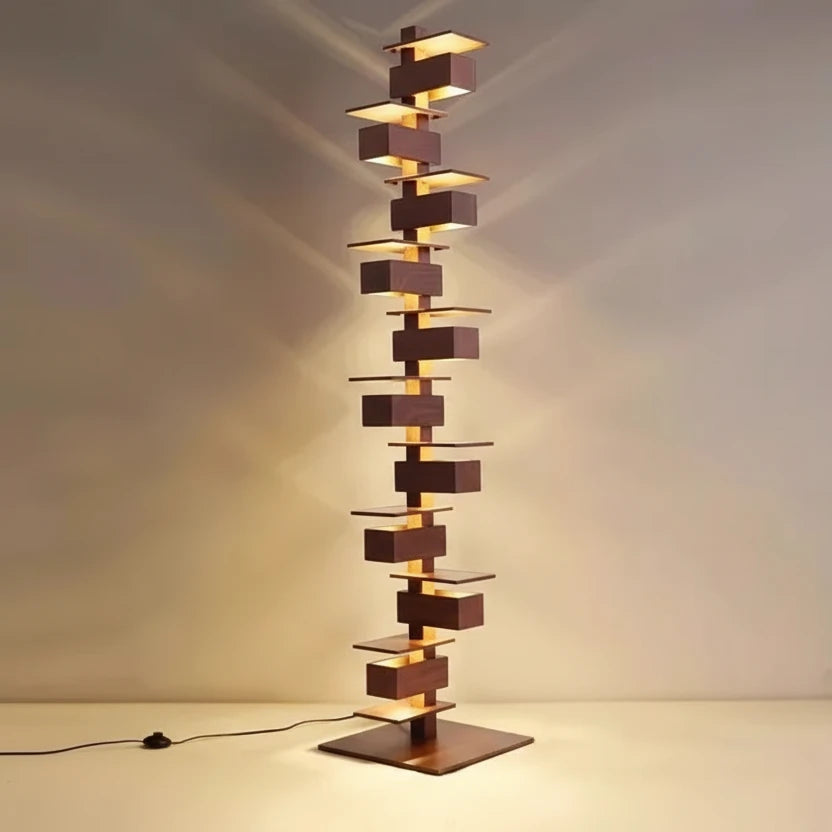 Rosewood grain geometric floor lamp with tall sculptural form, 182cm height and warm glowing light