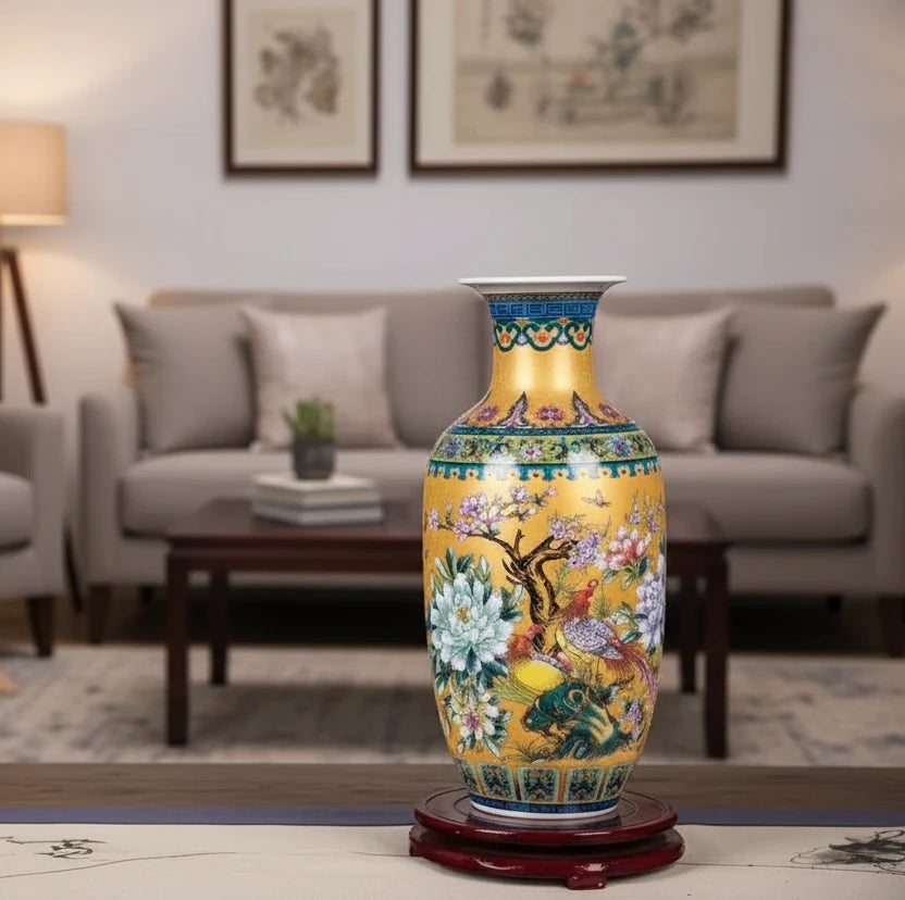 Decorative vase with floral design on a wooden stand in a living room setting