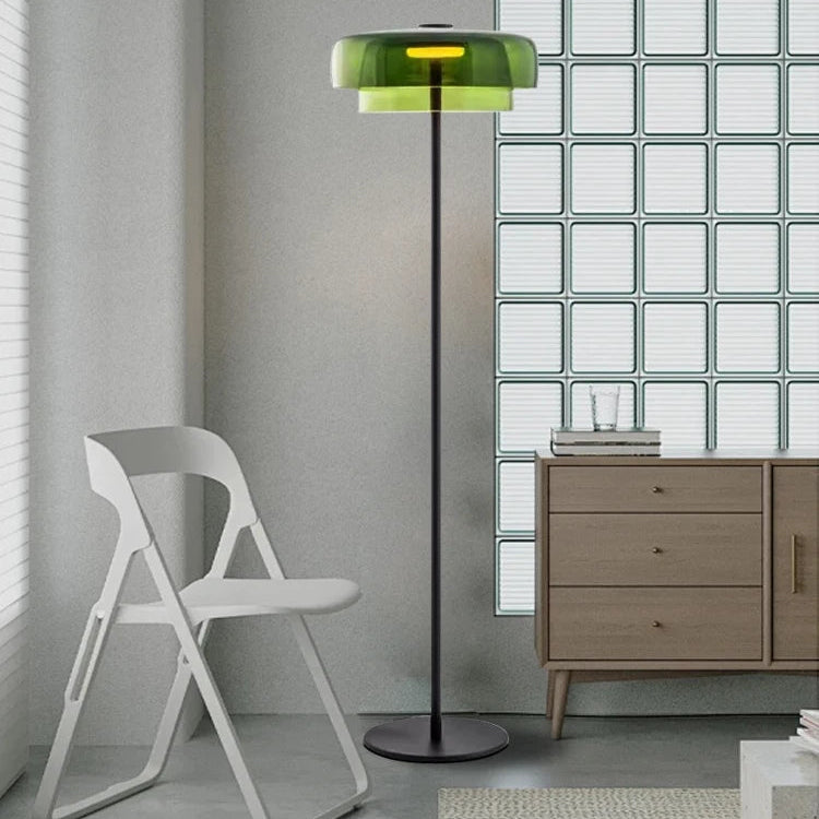 Modern mushroom floor lamp with a double-layered emerald-green glass shade and a black stainless steel frame, 145cm high.