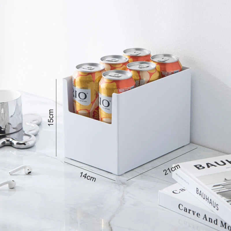 White can holder with Rio cans on a marble surface, with dimensions displayed.