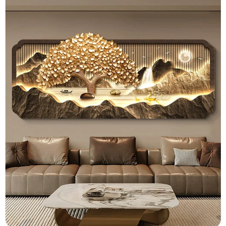 Decorative LED wall art of a tree with lights in a living room setting.