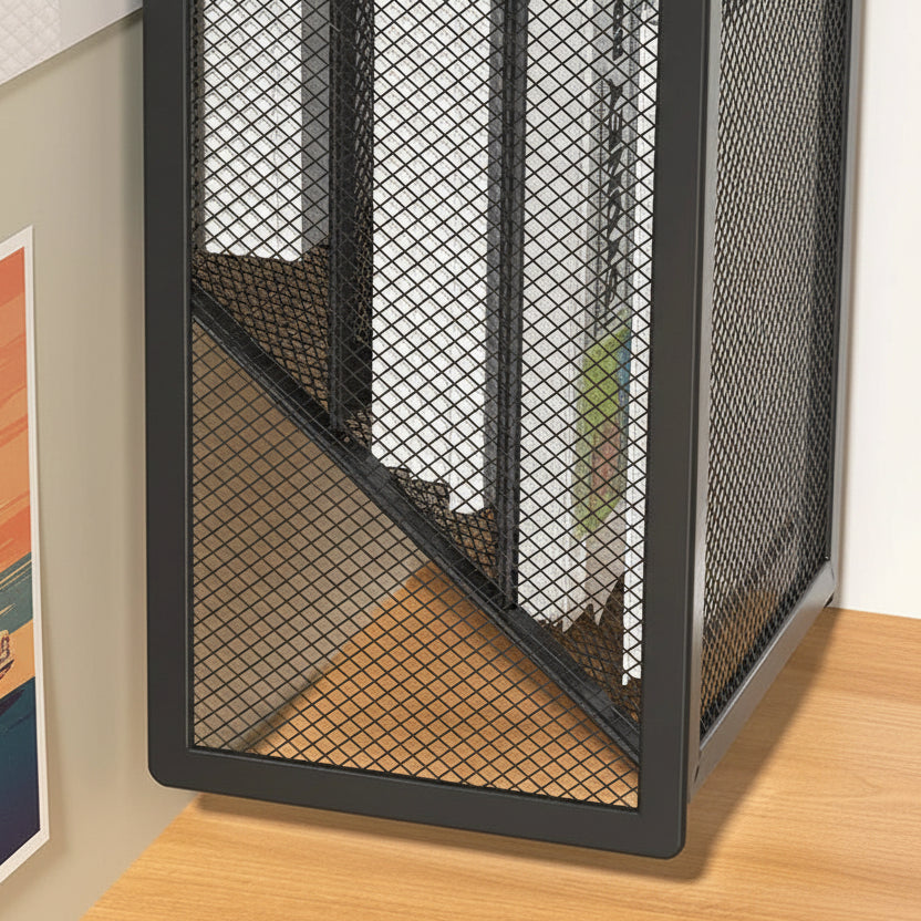 Black wall-mounted metal mesh storage tray