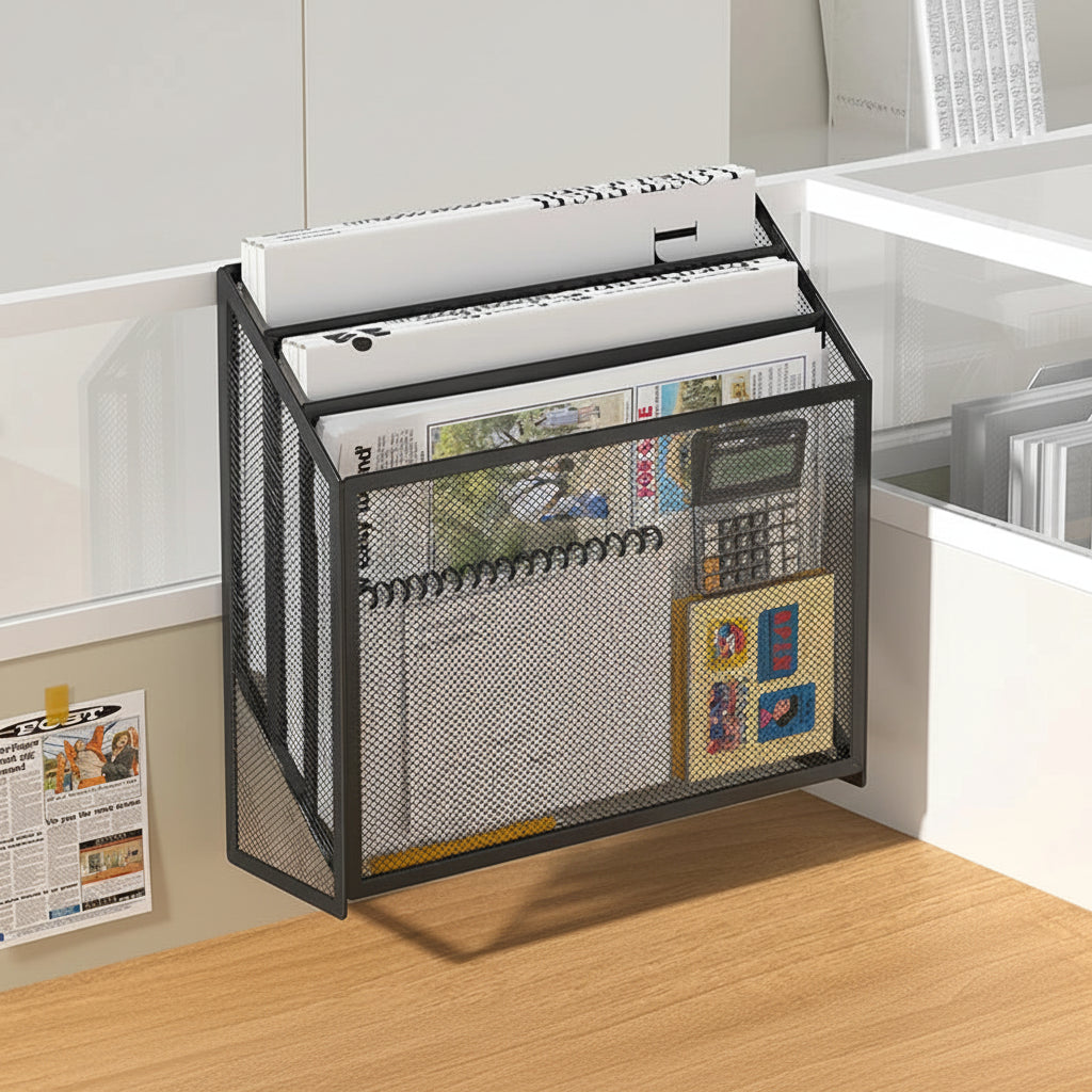 Black wall-mounted metal mesh storage tray