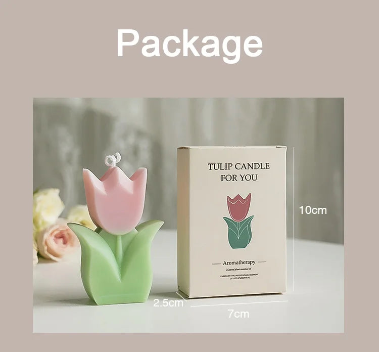 Tulip-shaped candle and packaging with dimensions on a neutral background