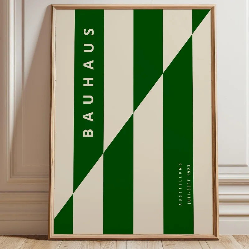 Green striped Bauhaus canvas print with bold vertical bands and diagonal line design