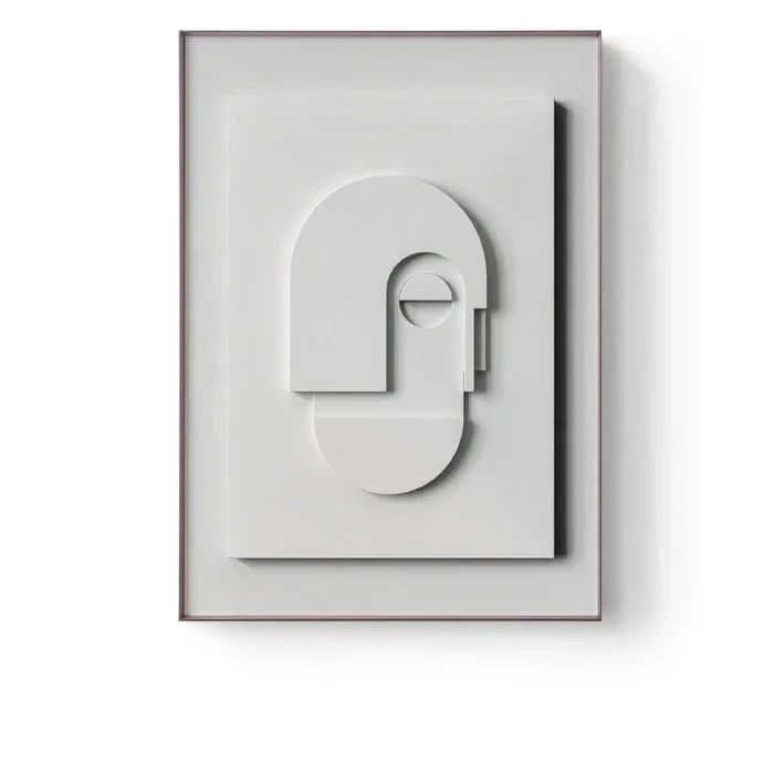 Abstract wall art with geometric shapes in a neutral color palette on a white background