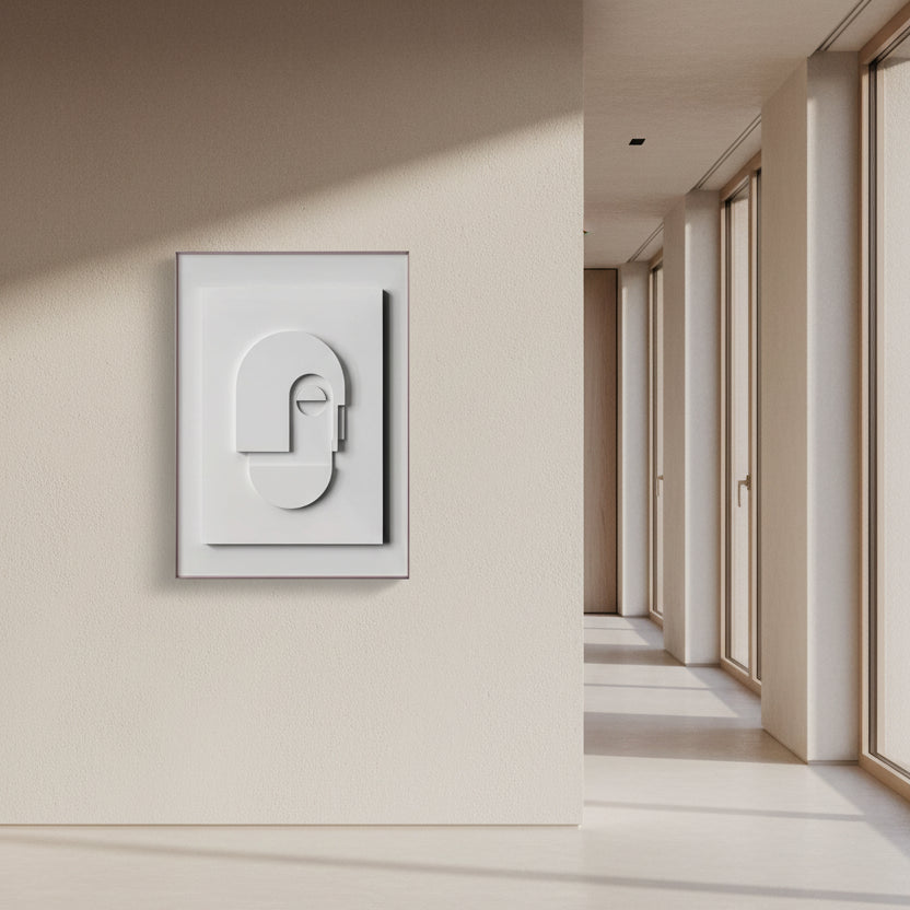 Abstract wall art with geometric shapes in a neutral color palette on a white background