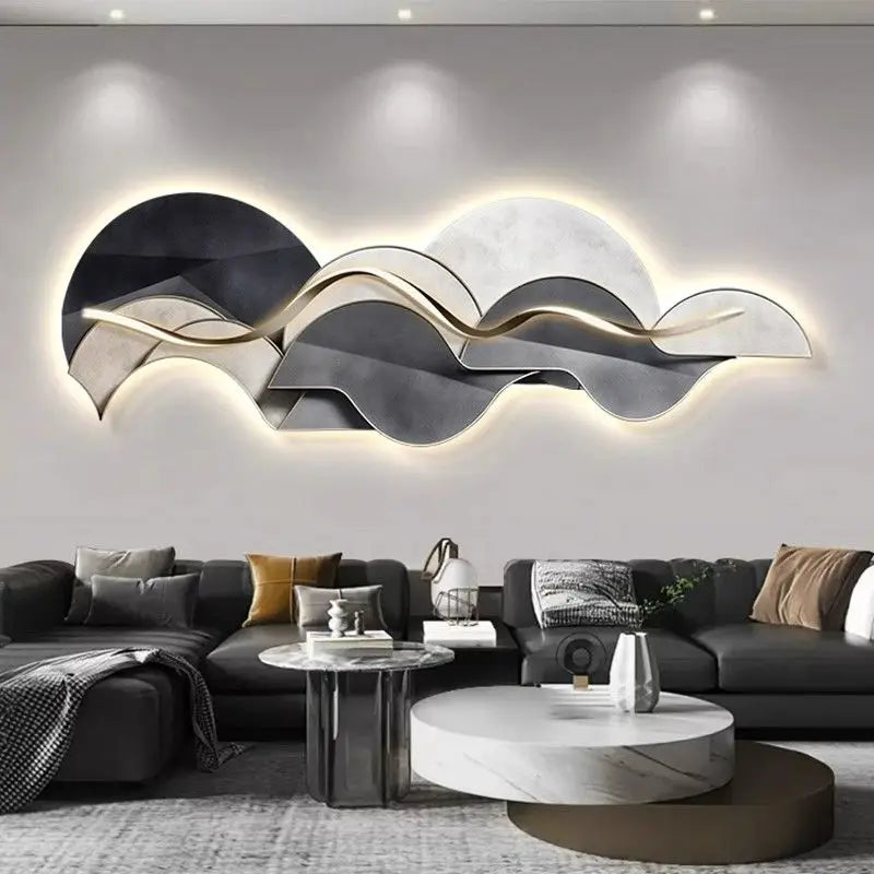 Large sculptural LED wall light with warm backlit glow and wave-inspired abstract design