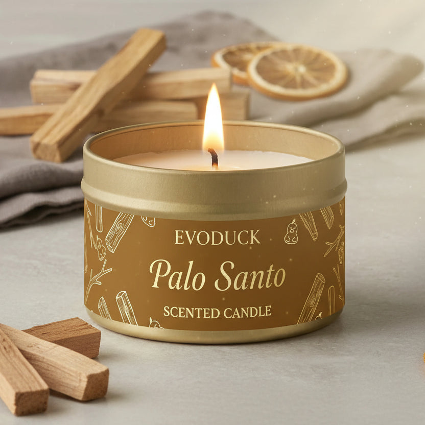 Palo Santo scented candle with wooden sticks in the background