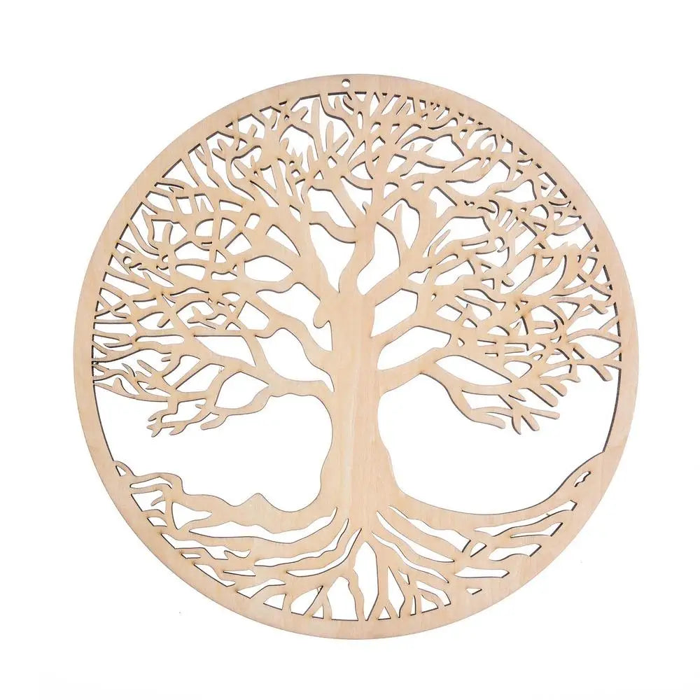 Wooden tree of life wall art on a white background
