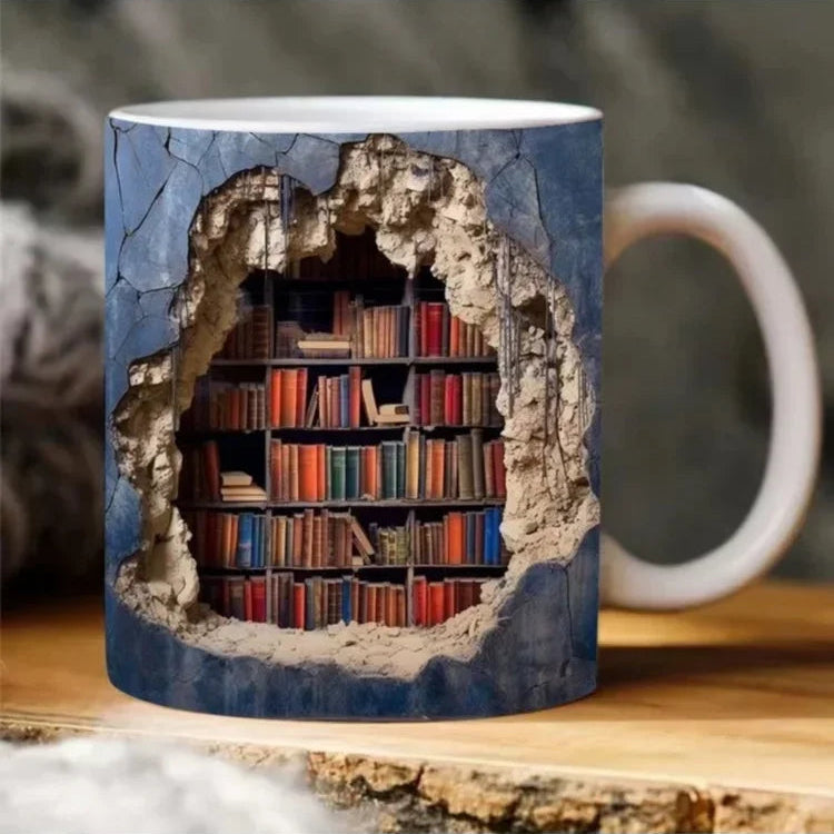 Mug with a design of books in a cave on a wooden surface