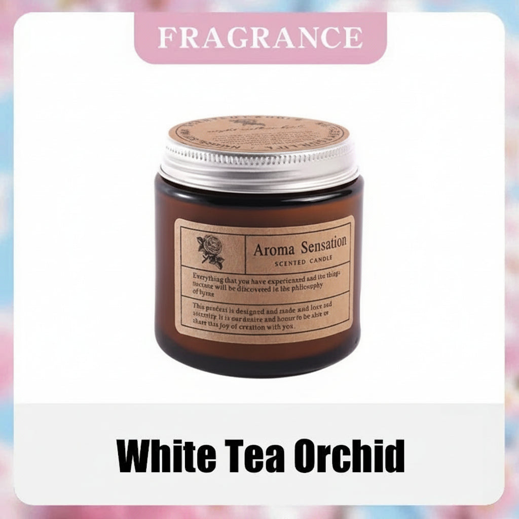 Aroma Sensation scented candle with fragrance description on a colorful background