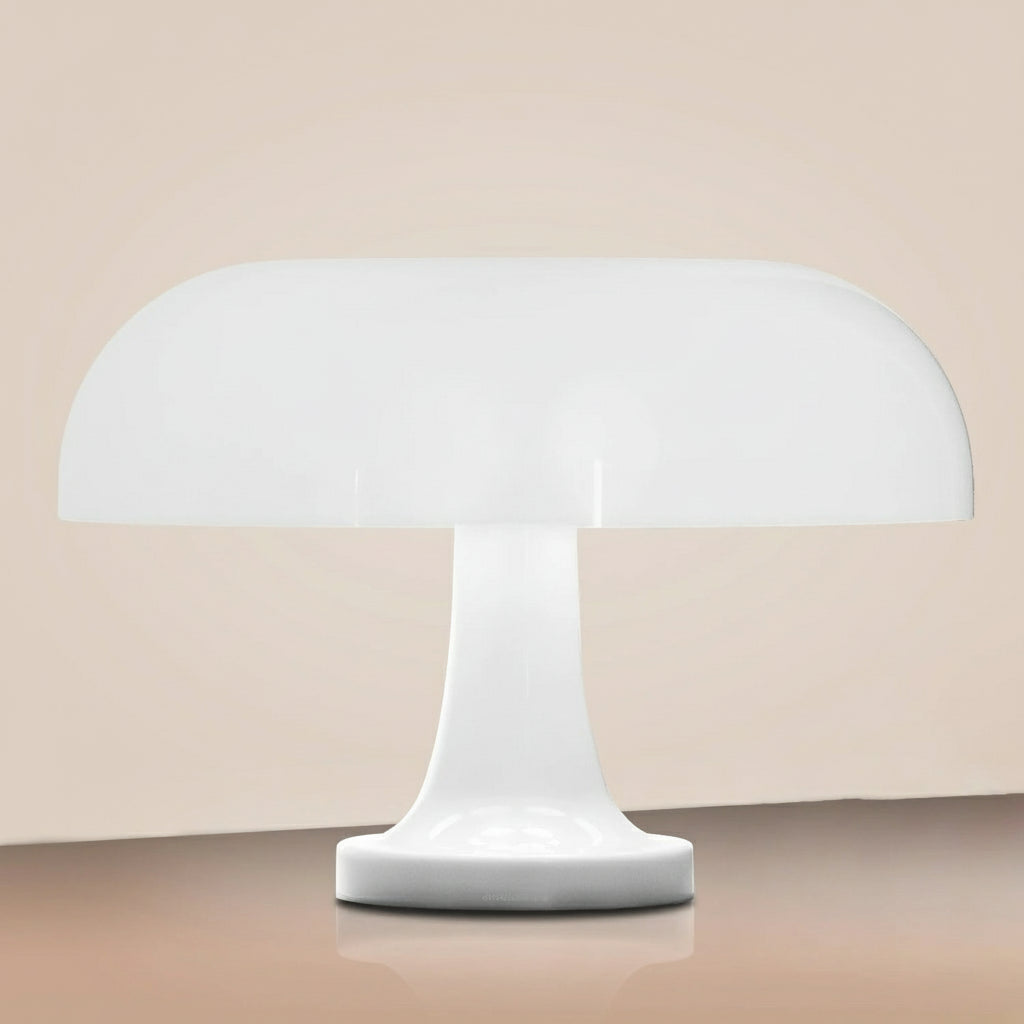 White table lamp with dimensions indicated on a beige background