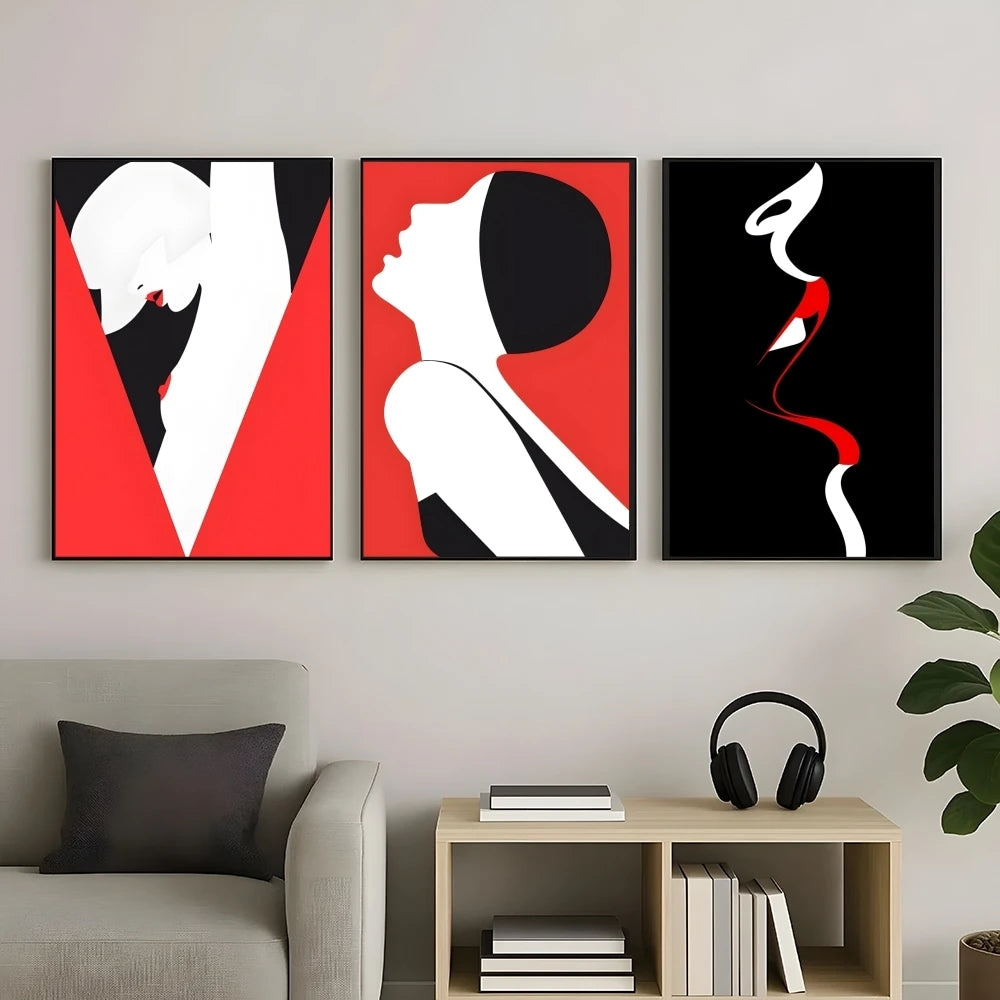 Three black, red, and white silhouette high contrast abstract prints.