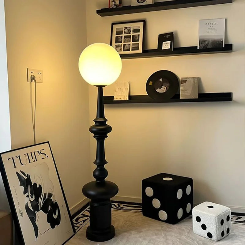 Black globe floor lamp with totem base, frosted shade, D30cm x H136cm, E27 LED