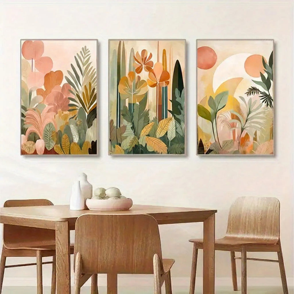 Centre floral canvas print with tall leaves and abstract blooms in muted peach, sage, and ochre tones
