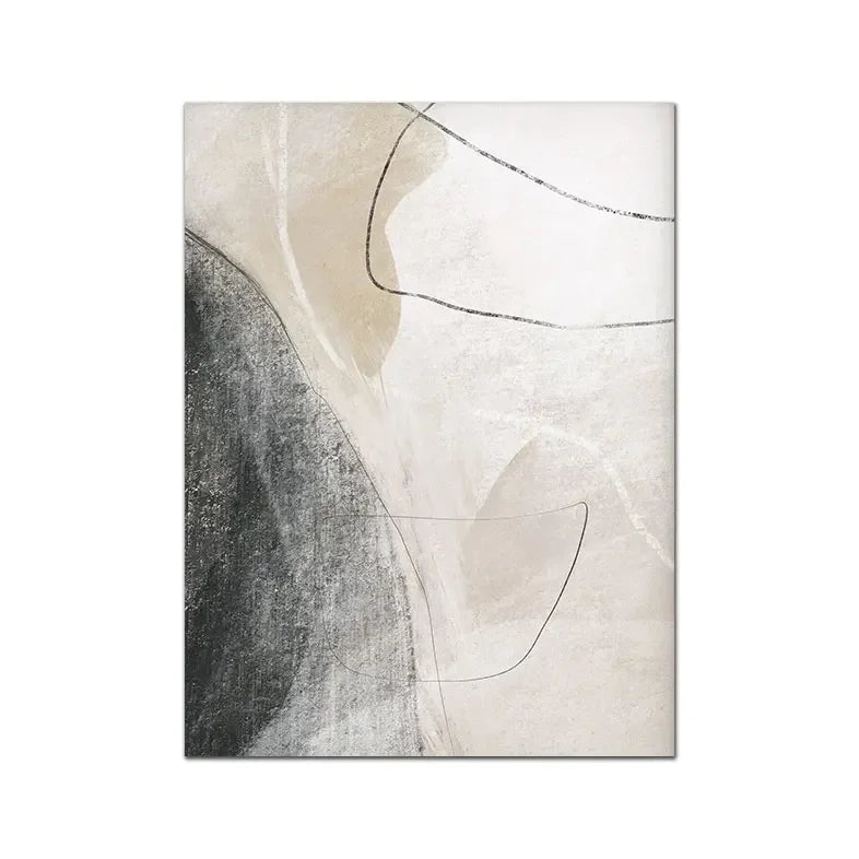 Modern minimalist art with overlapping organic shapes in beige and charcoal.