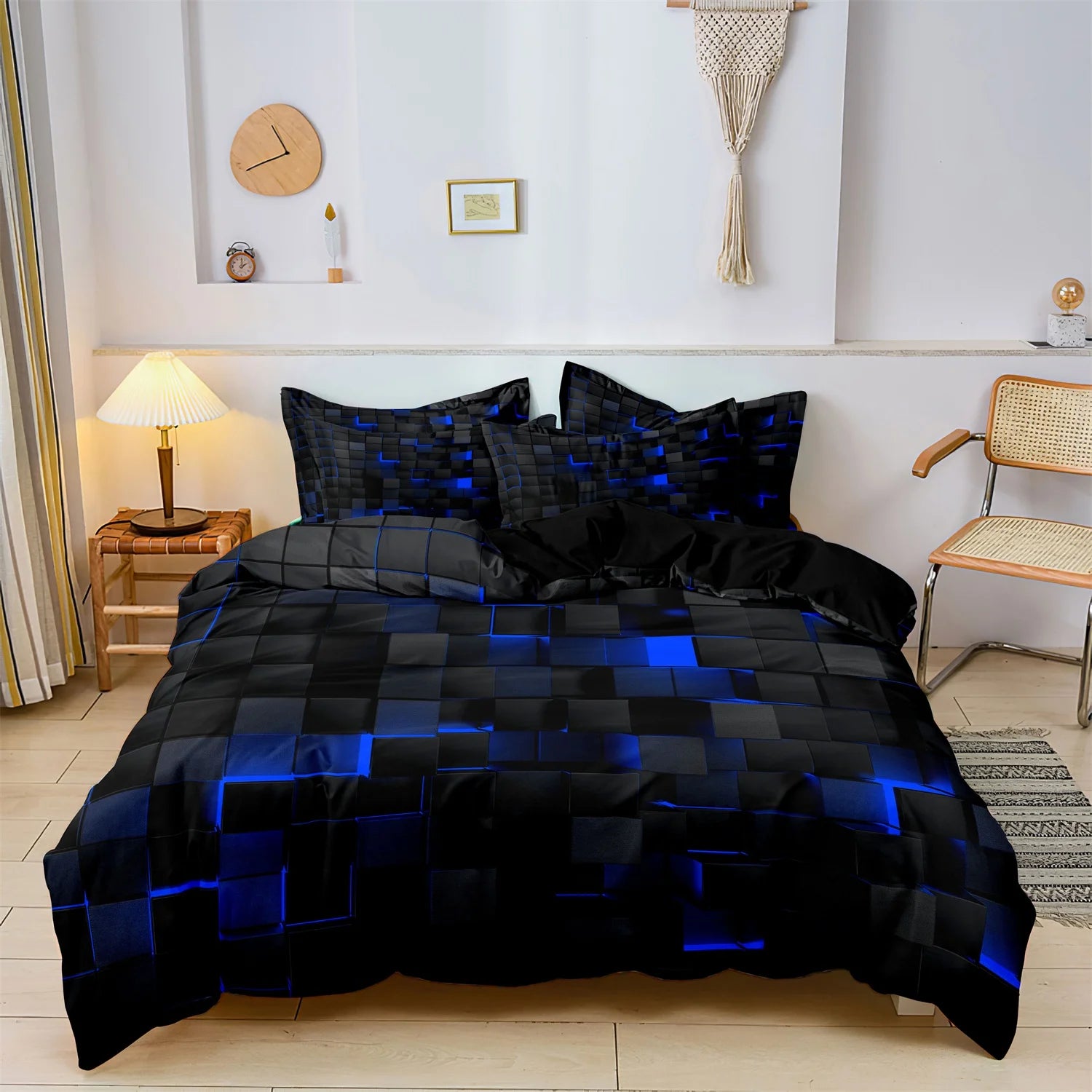 Black bedding set with blue geometric block digital print