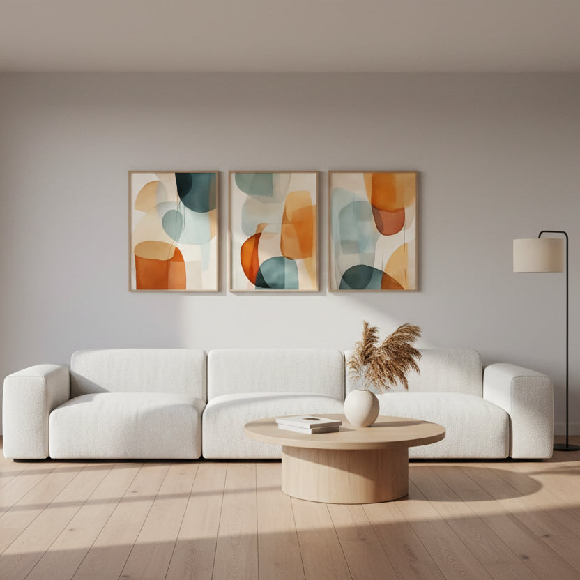 Three abstract art pieces on a wooden wall above a bed with white bedding and a woven headboard.