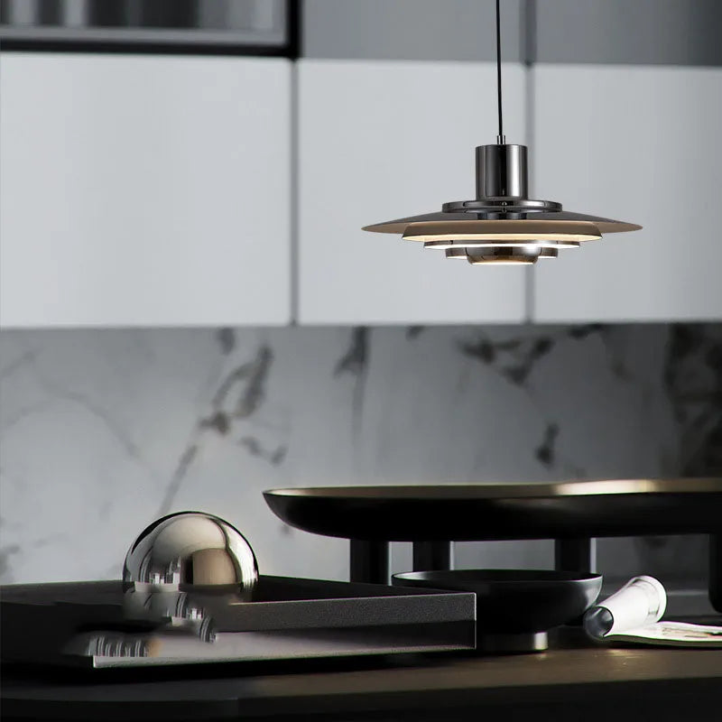 Silver aluminium pendant light with 38cm layered shade and E27 bulb fitting