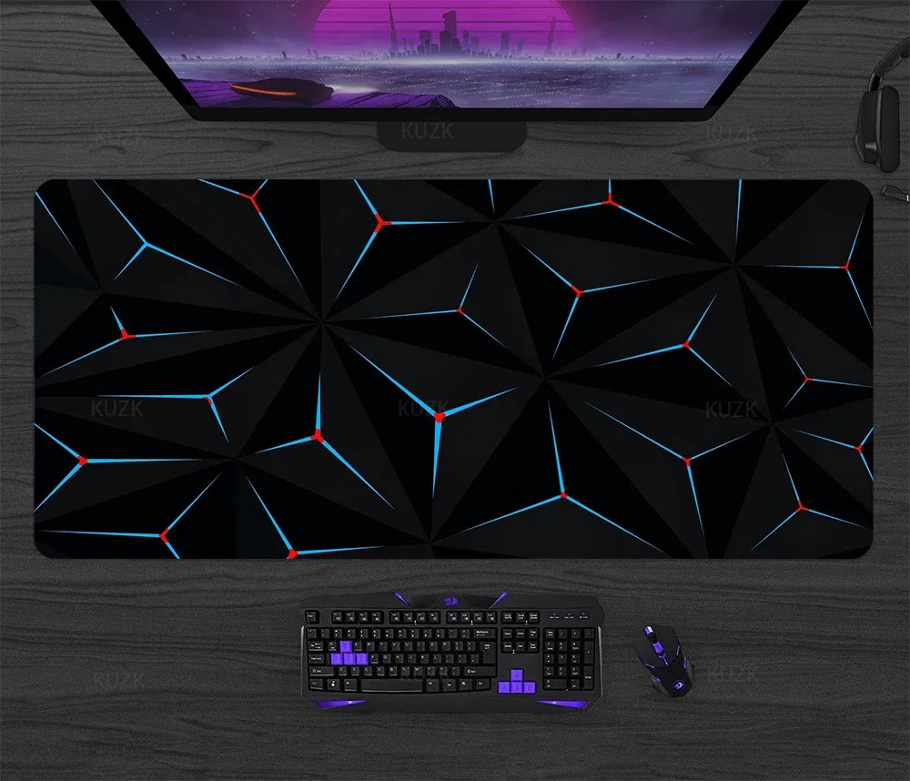 Black gaming mouse pad with multicoloured neon polygon line pattern