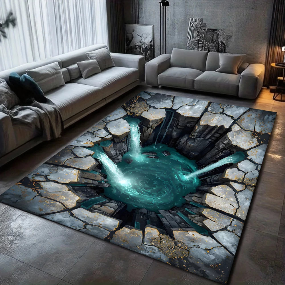 Emerald Sinkhole Falls – 3D illusion rug showing a circular sinkhole with turquoise water and cascading waterfalls flowing into a deep cavern.