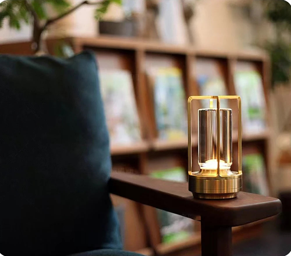 Decorative lamp on a wooden table with a blurred background