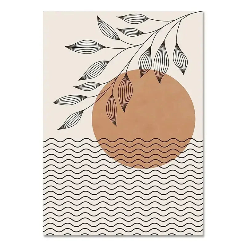 Decorative wall art with a brown circle, black leaves, and wavy lines on a beige background