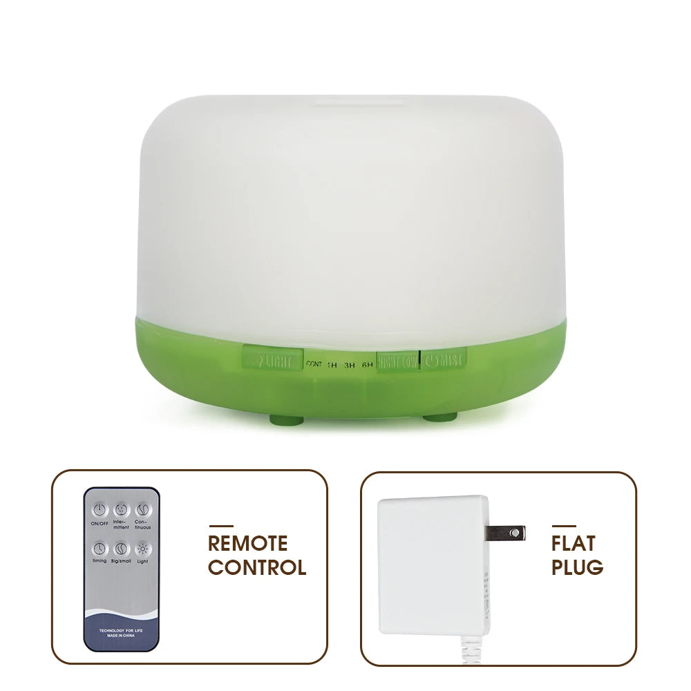 White and green ultrasonic humidifier with remote control and flat plug illustrations on a white background
