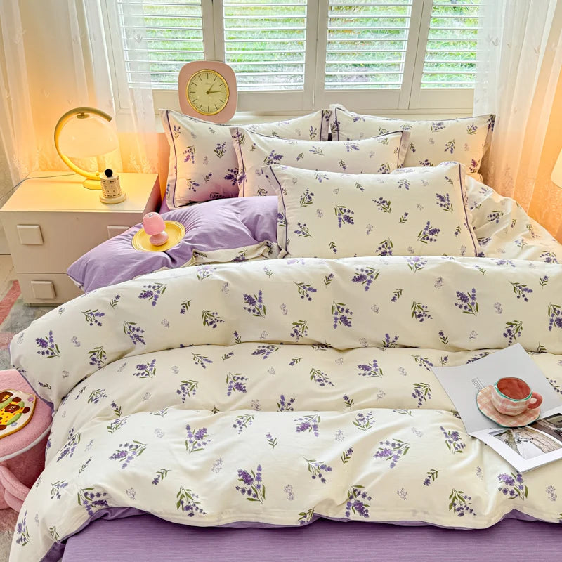 Lavender Field bedding set featuring delicate purple lavender sprigs on cream-coloured cotton.