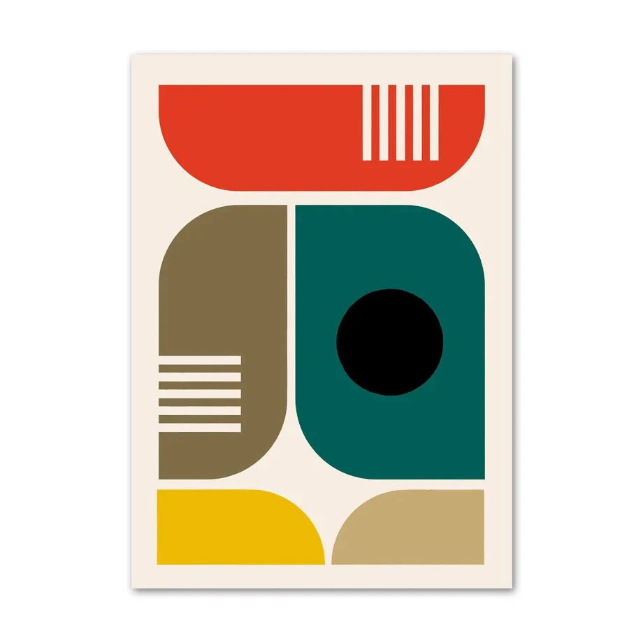 Abstract geometric canvas print with curved modern shapes in red, teal, olive, mustard, beige, and black
