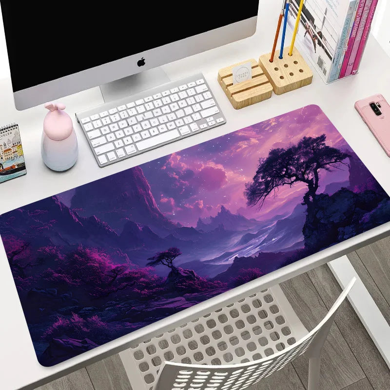 Extended mouse pad with purple fantasy forest and glowing starry sky, shown flat and rolled
